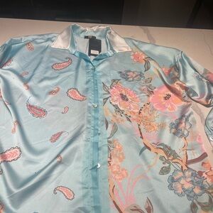 Light Blue Floral Satin Blouse | One Size | Soft & Flowy made in Italy NWT